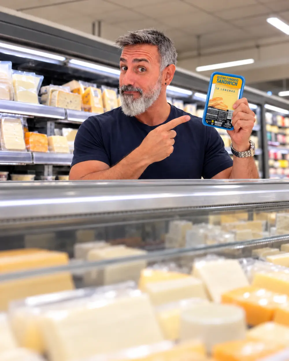 Jonathan Aguilar en el pasillo de quesos de Mercadona señalando un paquete de lonchas fundido sándwich